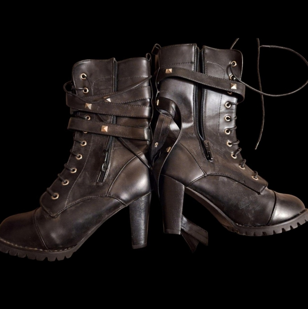 Black Lace-Up Heeled Combat Boots